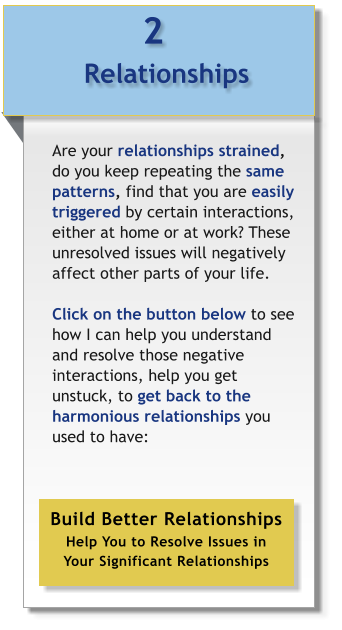 2 Relationships  Are your relationships strained, do you keep repeating the same  patterns, find that you are easily triggered by certain interactions, either at home or at work? These unresolved issues will negatively affect other parts of your life.  Click on the button below to see how I can help you understand and resolve those negative interactions, help you get unstuck, to get back to the harmonious relationships you used to have:  Build Better Relationships Help You to Resolve Issues in  Your Significant Relationships